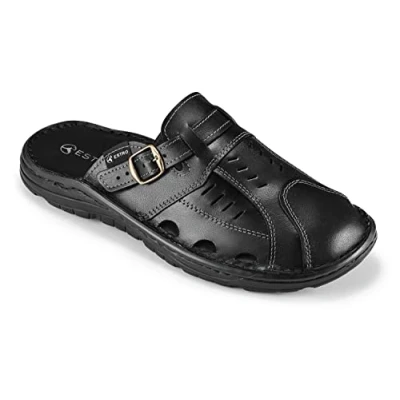 Bild av ESTRO Sandaler Herr Läder Mulor Äkta Sommarskor Tofflor Mule med Halkfri Gummisula S4 (42 EU, Svart)