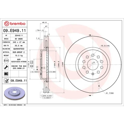 Bild av BREMBO Bromsskiva 340mm 27mm 9 ventilerad invändigt belagd höguppkolat 09.E949.11 1EA615301A Bromsskivor