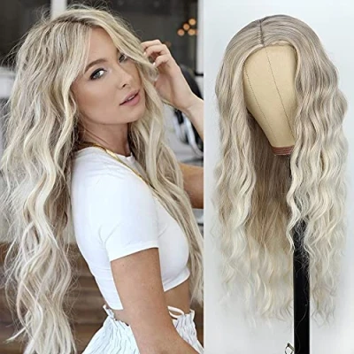 Bild av PORSMEER Blond ombre långa vågiga peruker för kvinnor mittavskiljande lockigt naturligt hår peruk värmebeständig fibersyntetisk hårersättning cosplay daglig fest användning 26 tum