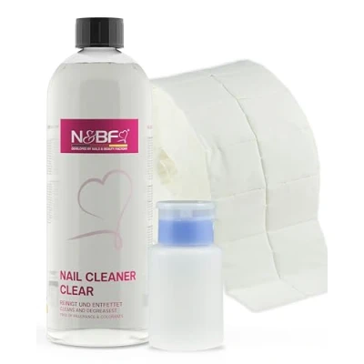 Bild av N&amp;BF Nagelrengörarset 1 000 ml + dispenser, pumpflaska cellulosa kuddar (2 rullar med 500 stycken) 70 % isopropanol alkohol isopropyl L för gelnaglar nagelrengörare (blå 150)