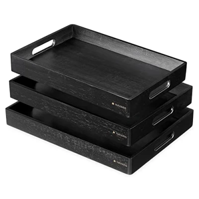Bild av Navaris serveringsbricka i bambu 3 x brickor med handtag för drycker, mat, te, frukost säng, äta på knäet stort medium litet brickset svart
