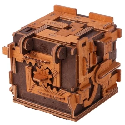 Bild av trä. Stad utmanande flyktsrum pusselbox hårt ledtrådslåda flyktpussel svårt 3D rymningsrum pussel hjärngympa presentförpackning flyktrumslåda steampunk