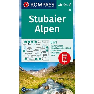 Bild av Carta escursionistica Kom 83. Stubaier Alpen: 5in1 Wanderkarte, mit Panorama, Aktiv Guide und 1:25000 Karten, inklusive Kartenbereich zur offline ... in der KOMPASS App. Fahrradfahren. Skitouren.