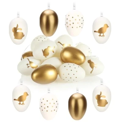 Bild av COM FOUR® 16x påskägg att hänga upp vacker hängande dekoration av plast Påskdekoration till påskbuketten plastägg (16 stycken guld/vit)