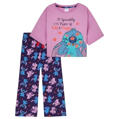 Bild av Disney Stitch Pyjamas, Pyjamasset med t shirt och byxor för barn tonåringar, Lila/marinblå, 7 8 años