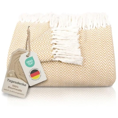 Bild av Gräfenstayn Premium överkast med fransar 100 % bomull 220 x 240 cm fiskbensmönster sommarfilt bomullsfilt som sängskydd, sofföverkast, soffskydd (beige)