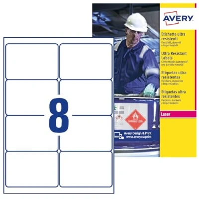 Bild av AVERY Zweckform L7914 10 slitstarka folieetiketter (80 klistermärken, 99,1 x 67,7 mm till A4, extremt stark självhäftande, för svåra ytor, tryckbar utomhuslimfolie) ark, vit