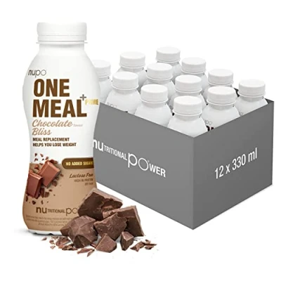 Bild av NUPO One Meal + Prime Chocolate Bliss shake redo att dricka välsmakande måltidsersättning med 24 vitaminer och mineraler hög proteinhalt inget tillsatt socker 12 x 330 ml