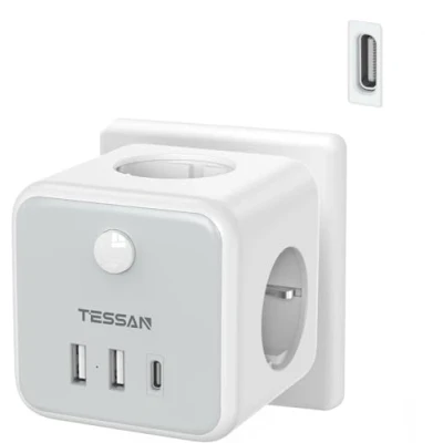 Bild av TESSAN USB Eluttag 3 Vägs Multikontakt, Vägguttag med 2 A och 1 C laddare Adapter, 6 I Uttag Vägs, Grenuttag USB, Väggladdare Kompatibel Telefon, Bärbar Dator