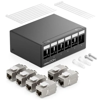 Bild av deleyCON 6 Portar CAT7 Patchpanel Uppsättning med 6x CAT.7 RJ45 Keystone Jack Modul STP 10 Gbit/s Kompatibel Installationskabel CAT6 CAT6a CAT8 Ethernet LAN DSL Nätverkskabel Svart