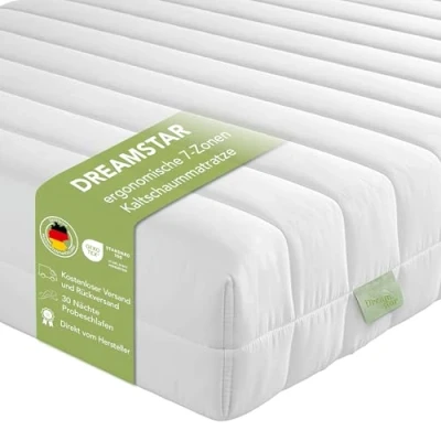 Bild av DREAMSTAR Simple Flex Duo I ergonomisk 7 zoner kallskummadrass rullmadrass 12 cm hög Öko Tex certifierad Hårdhetsgrad 2 och 3 (H2 &amp; H3) 100 x 200