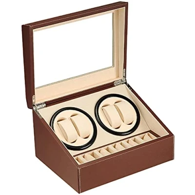 Bild av Automatische Uhrenbeweger Box PU Leder Uhrengehäuse mit leisem Motor Batteriebetrieb oder Netzteil für Automatikuhren (Braun DGW)