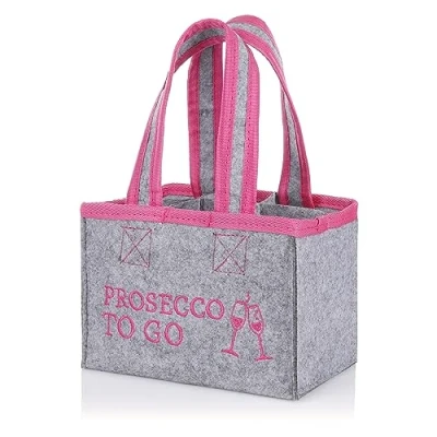 Bild av FunX Flaskväska Prosecco to go filtväska för 6 flaskor grå med bärremmar och tryck mångsidig användning 19 x 12 14 cm, Grå/rosa, dryckespåse