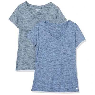 Bild av Amazon Essentials Dames Tech stretchig kortärmad V ringad T shirt (finns i plusstorlek), 2 Pack, Marinblå ljung/Svart ljung, L