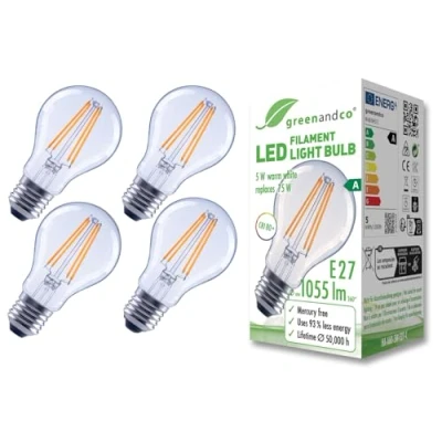 Bild av greenandco 4 x glödtråd LED lampa klar E27 A60 5 W 1055 lm ersätter 75 2700 K varm vit 320 230 V flimmerfri energieffektivitetsklass A inte dimbar