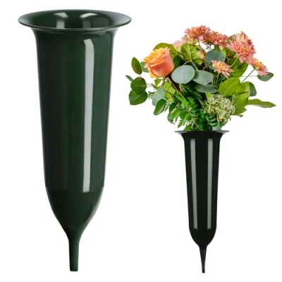 Bild av KADAX Gravvas, vas av plast, blomvas, plastvas för blommor, väderbeständig kyrkogårdsvas, frostsäker plug graven, gravsmycke (13,5 cm, med markspett, grön)