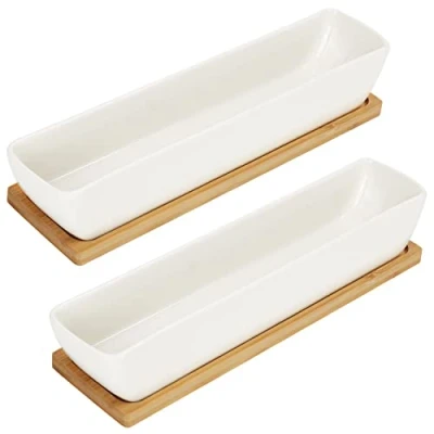 Bild av Belle Vous Vita Rektangulära Keramikkrukor med Bambubrickor för Suckulentväxter (2 Pack) L24 x B5,5 H4 cm Inomhus/Utomhuskrukor Hem, Kontor &amp; Skrivbord/Bord