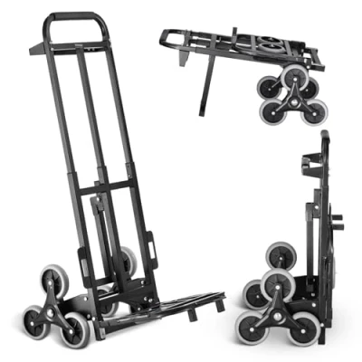 Bild av VEVOR Trappvagn 208 kg Hopfällbar handvagn för trappor med dubbelt handtag, 6 hjul, 2 elastiska rep, transport, lager, flygplats, köpcentrum, flyttar, kontor, svart, rullvagn