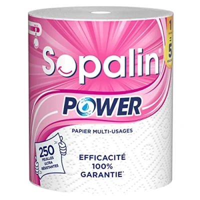 Bild av Sopalin Power multifunktionell pappershandduk x1 rulle = 5 klassiska rullar 250 ark ultrastark förpackning bestående av minst 80% återvunnen plast blandat FSCTM certifierat papper