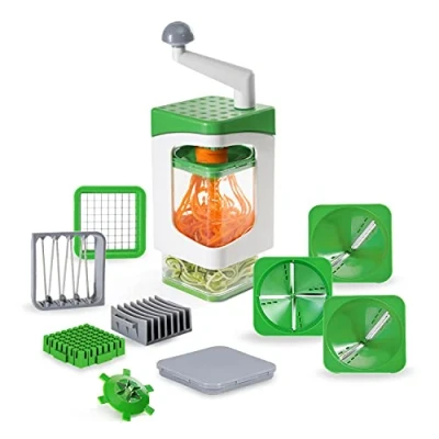 Bild av Genius Nicer Dicer Julietti spiralskärare med 13 delar Zoodle Maker och tärningsskärare i en uppsättning för spiraler kuber, innehåller 7 skärinsatser uppsamlingsbehållare 1 200 ml, grön