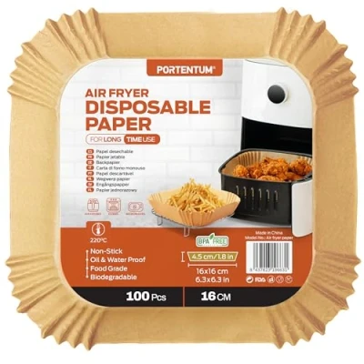 Bild av PORTENTUM 100 stycken matklass BPA fritt 1620 cm luftfritöspapper fyrkantigt perfekt för hälsosam matlagning