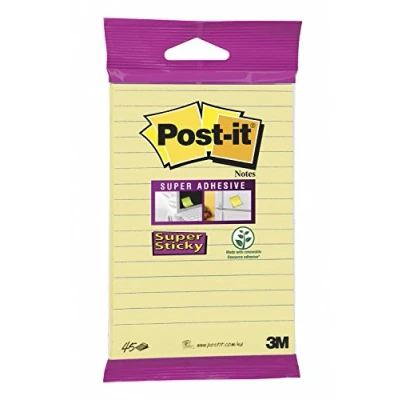 Bild av Post it Superklibbiga stora anteckningar, dubbla fästkraften, fodrad, 1 dyna, 45 ark, 102 mm x 152 mm, kanariegul självklistrande anteckningar för väggar, bildskärmar och kylskåp
