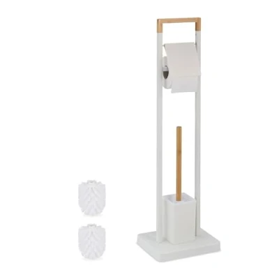 Bild av Relaxdays Toalettdekor, bambu, rostfritt stål, fristående toalettpappershållare, toalettborste med borsthållare, vit/natur, 1 styck