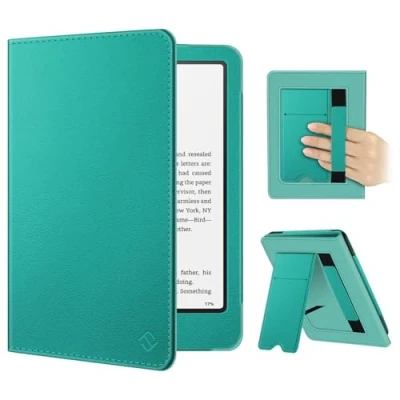 Bild av Fintie fodral för 7 tum helt nya Kindle Paperwhite (12:e generationen, 2024) och Colorsoft Signature Edition PU läder hopfällbart stativ automatisk vakna/sovkortplats handrem, jade