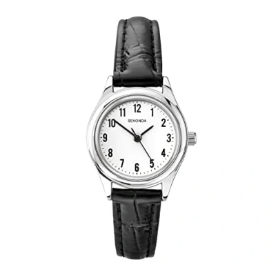 Bild av Sekonda damkvartsur med vit urtavla, analog display och Svart läderrem, armband/silverfodral nummer, Band