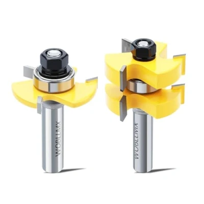 Bild av WOBLLMX 2 stycken groove och tongue tunga spårsats, 12 mm skaft 3 tänder justerbar T form träbearbetning fräs set, hållbar skarp för verktyg bit (L:12,7 mm, D: 47 mm)