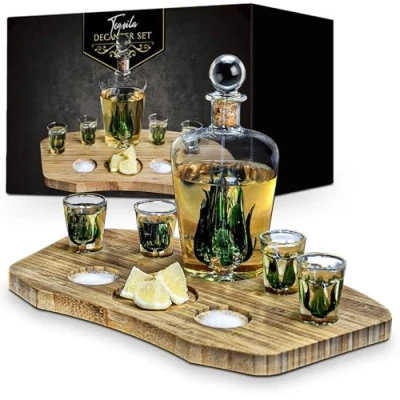 Bild av mikamax tequila Decanter set komplett snapsglas glas shotglasses bambuplattform