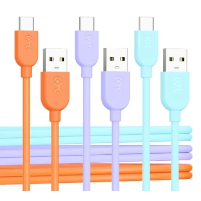 Bild av Cable Matters 3 pack extrem flexibel kort USB A till C kabel 0,3 m i orange blå lila, stödjer Apple CarPlay, Android Auto, laddningskabel för iPhone 16/15 Pro Max Plus, Galaxy S23