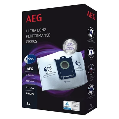 Bild av AEG GR210S s bag Ultra Long Performance dammsugarpåsar (3 XXL syntetiska dammpåsar för permanent hög sugkraft, optimal filtrering, hygienförslutning, 5 liter volym, vit)