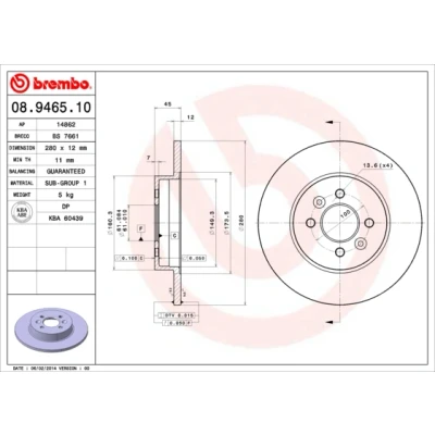 Bild av BREMBO 08.9465.10 Disque de frein 280 12 4 plein RENAULT: Kangoo I, I Express