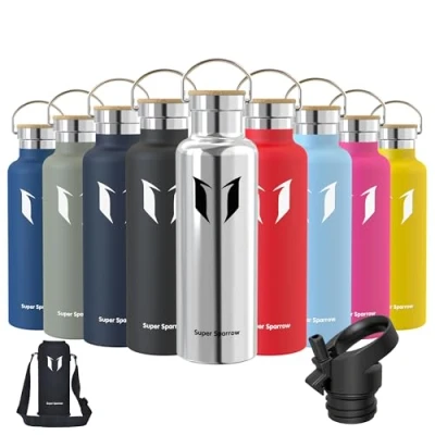 Bild av Super Sparrow Vattenflaska Rostfritt Stålvattenflaska Dubbelvägg Standard Mun 350 ml, 500 620 750 1000 ml Giftfri BPA Fri Perfekt Som Sportflaska 2 Lock