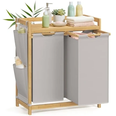 Bild av SONGMICS Tvättkorg med 2 fack, bambu smutstvättkorg, kapacitet 100 liter, hylla, sidofickor, x 50 L, 63 33 78 cm, Turtle Dove Grey RLH100G02