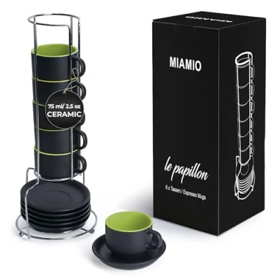 Bild av MIAMIO 6 x 75 ml stengods espressomugg/kopp set utomhus svart inuti färgglad Le Papillon Collection (Grön)