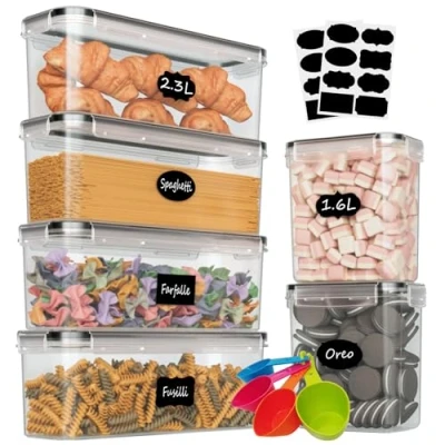 Bild av Withosent Förvaringsburkar, lufttäta set om 6, förvaringslåda för kök med lock av plast, 2,3 l spagettiförvaring, pasta, förvaringsbehållare nudlar, müsli, cornflakes (2,3 1,6 l)