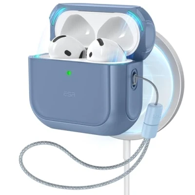 Bild av ESR fodral för Airpods 4 (2024), kompatibelt med 4:e gen (USB C), MagSafe, fallskydd snöre, magnetiskt hölje, Orbit serien, mörkblå