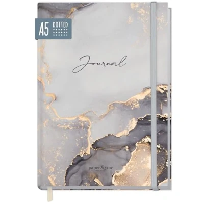 Bild av Häfft Bullet Journal prickig A5 med gummiband (grå marmor) 156 sidor Anteckningsbok prickig, dagbok Hållbar och klimatneutral