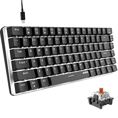 Bild av mekaniskt tangentbord, AK33 Vit LED bakgrundsbelyst USB kabel Spelmekaniskt 82 tangenters speltangentbord med antispöksnycklar för spelare och typister (brun omkopplare, svart)