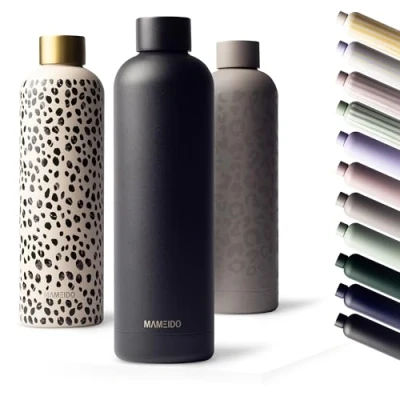 Bild av MAMEIDO dricksflaska i rostfritt stål 1l läckagesäker termosflaska, kolsyra lämplig, BPA fri, isolerad flaska 12h varm &amp; 24h kall (Rich Black, 1000ml)