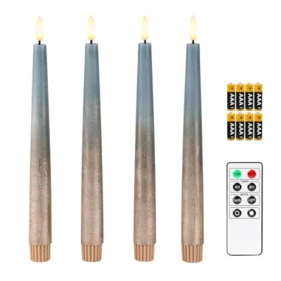 Bild av Fanna 4 flamlösa LED avsmalnande ljus med timer i äkta vax, batteridrivna rustika metalliska middagsljus fjärrkontroll, 8 batterier ingår H 24,5 cm dimma blå/koppar