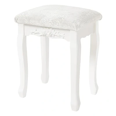 Bild av WOLTU MB6015cm Sminkpall, sittpall, lantlig pall, stoppad MDF trä, vitlackerad, för toalettbord, barock, gräddvit