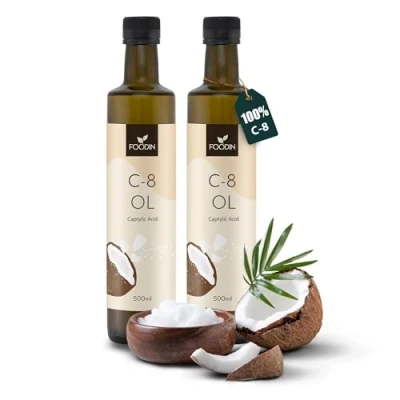 Bild av FOODIN MCT olja C8, 1000 ml kokosolja, bäst för ketogen kost, oljeketoner att dricka, 3x fler ketoner (100% C8), kokosolja flytande och smaklös (2x500ml)