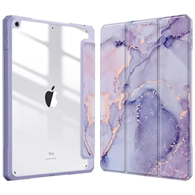 Bild av Fintie Hybrid Slim fodral för iPad 9:e / 8:e 7:e generationen (2021/2020/2019) 10,2 tum [Inbyggd pennhållare] stöttåligt med genomskinligt bakskal, lila marmor