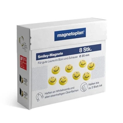 Bild av magnetoplan Smiley ansikte magneter diameter 20 mm set om 8, gul/svart