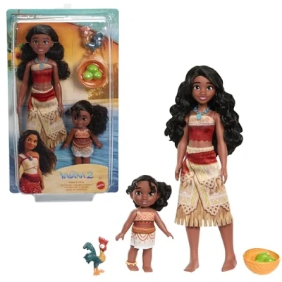 Bild av Mattel leksaker från Disney Vaiana 2, systerset med 2 modedockor i välkänd stil, Heihei husdjur, kokosnöt och korg som tillbehör, inspirerat filmen, JBT66