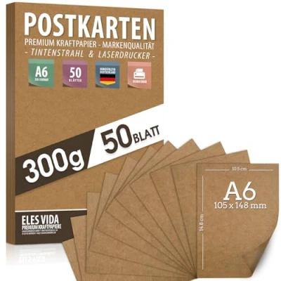 Bild av Blanko vykort kraftpapper för egen design DIN A6 set 300 g 10,5 x 14,8 cm naturkartong kartong ark av kraftkartong tryck, kartongpapper pyssel bröllop presenter etiketter 50 st