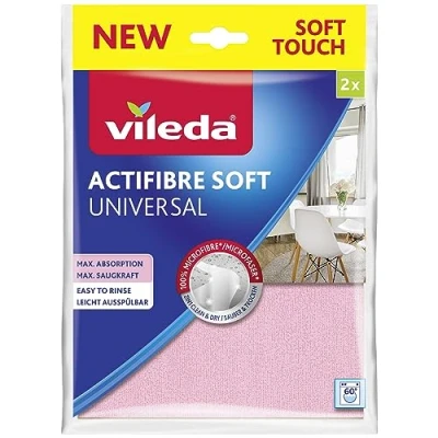 Bild av Vileda Actifibre Soft Universal mikrofiberduk, rengöringsduk tillverkad av 100 procent mikrofiber för randfria resultat, hög sugkraft, alla släta ytor, rosa och grå, 2 pack